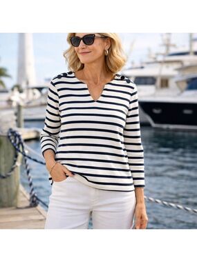 Chico’s Navy Ivory French Stripe Nautical Cotton Top size large